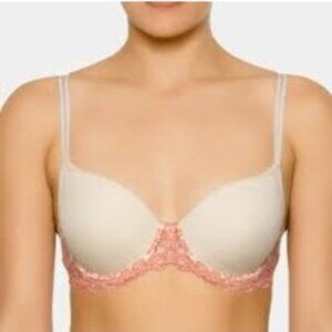Wacoal Sexy Tee Shirt Bra Lined Underwire 36D Lace Bra Ivory & Coral